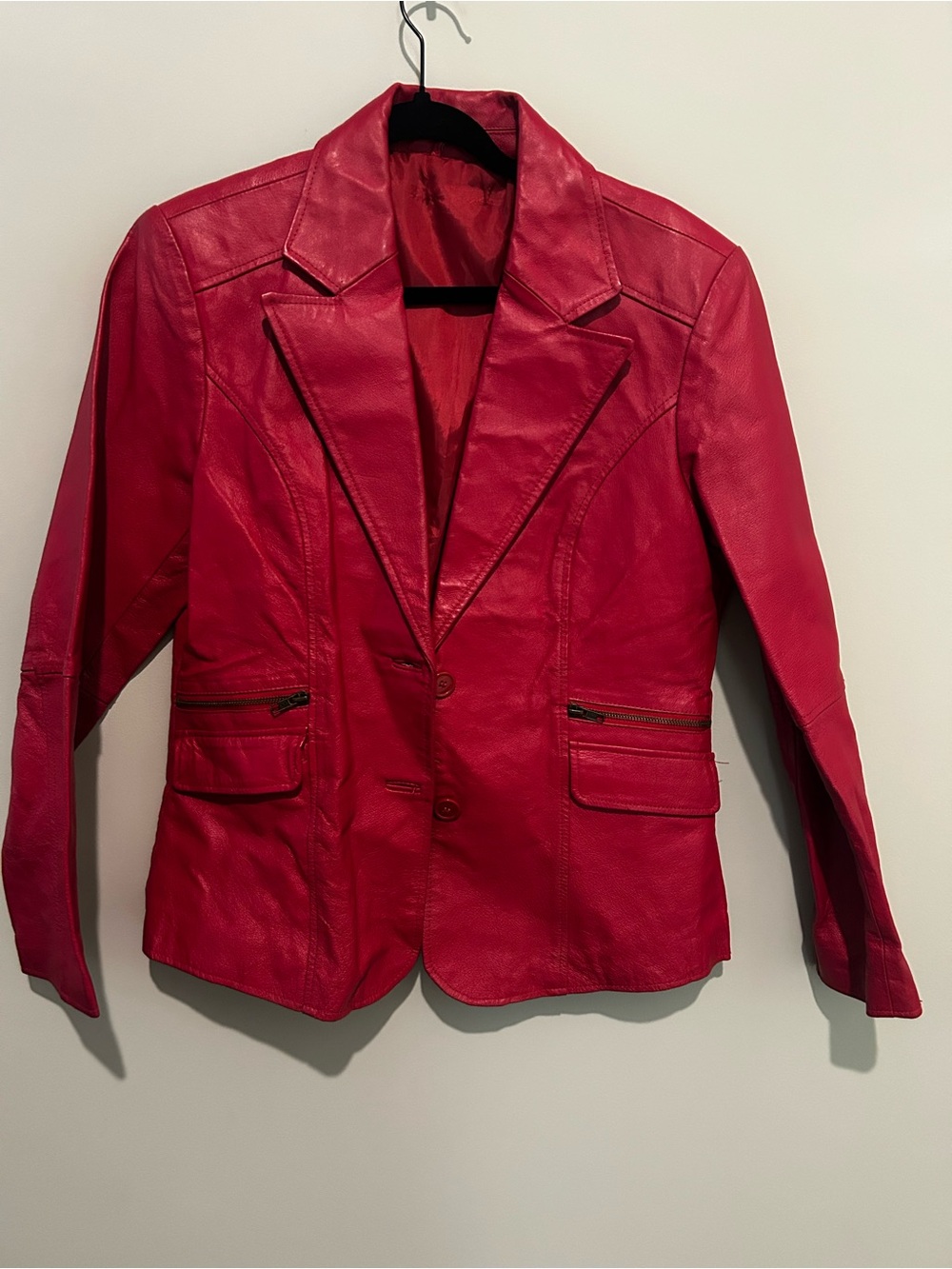 Red Leather Blazer Jacket - Women's Tailored Single-Breasted